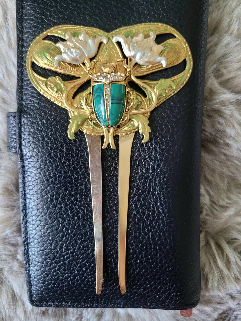 Art Nouveau Gold-Tone Scarab Hair Fork with Green Cabochon